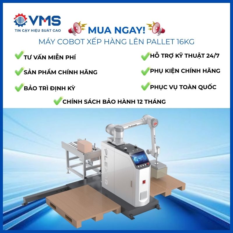 Quyền lợi khi mua cobot xếp hàng hóa 16kg lên Pallet tự động từ VMS