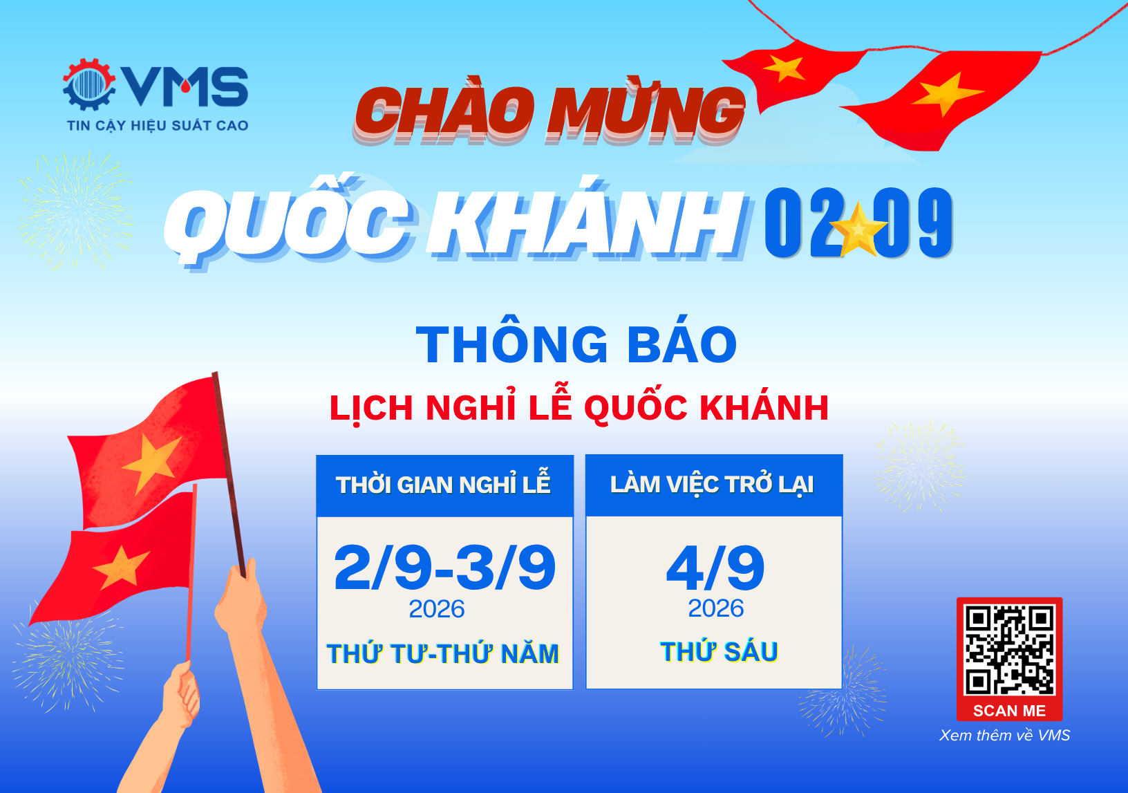 VMS thông báo lịch nghỉ lễ Quốc Khánh